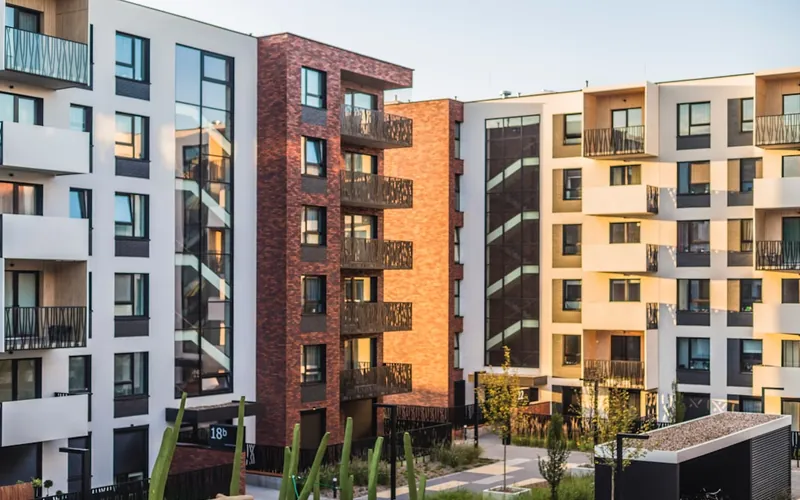 A mid-rise apartment building photographed from the street